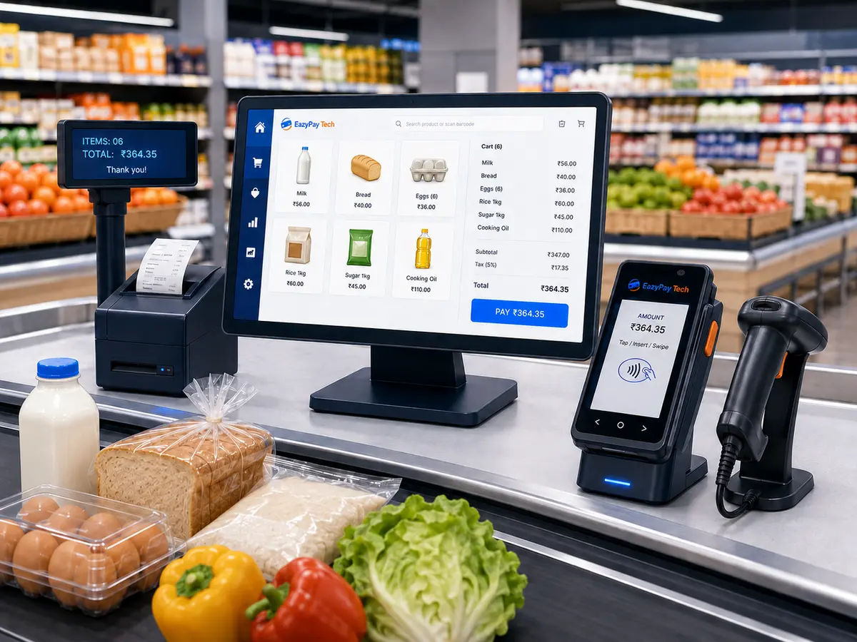 Supermarket retail payment solutions with POS and card terminal