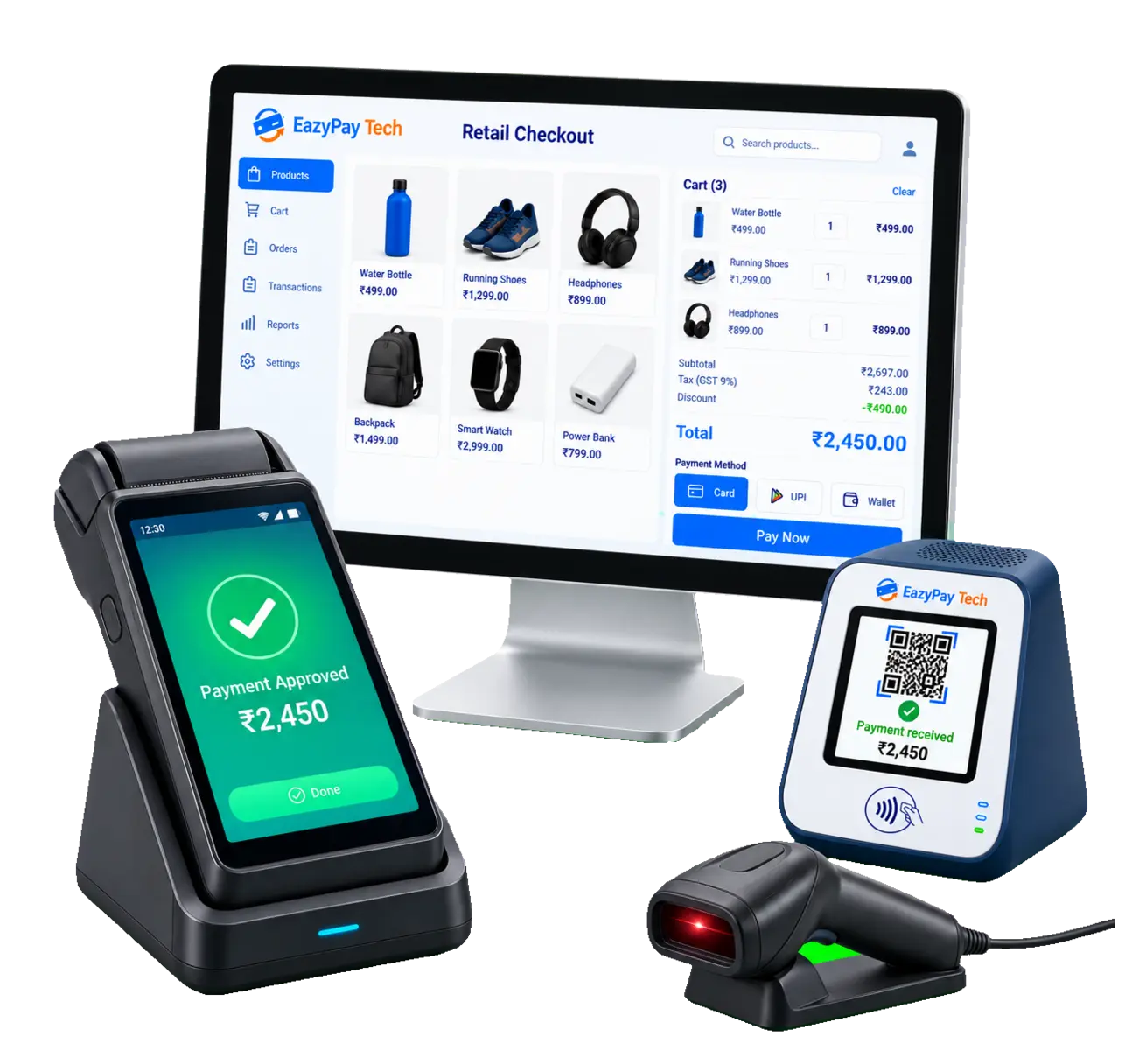 Retail payment solutions with POS terminal, QR payment device and digital checkout system
